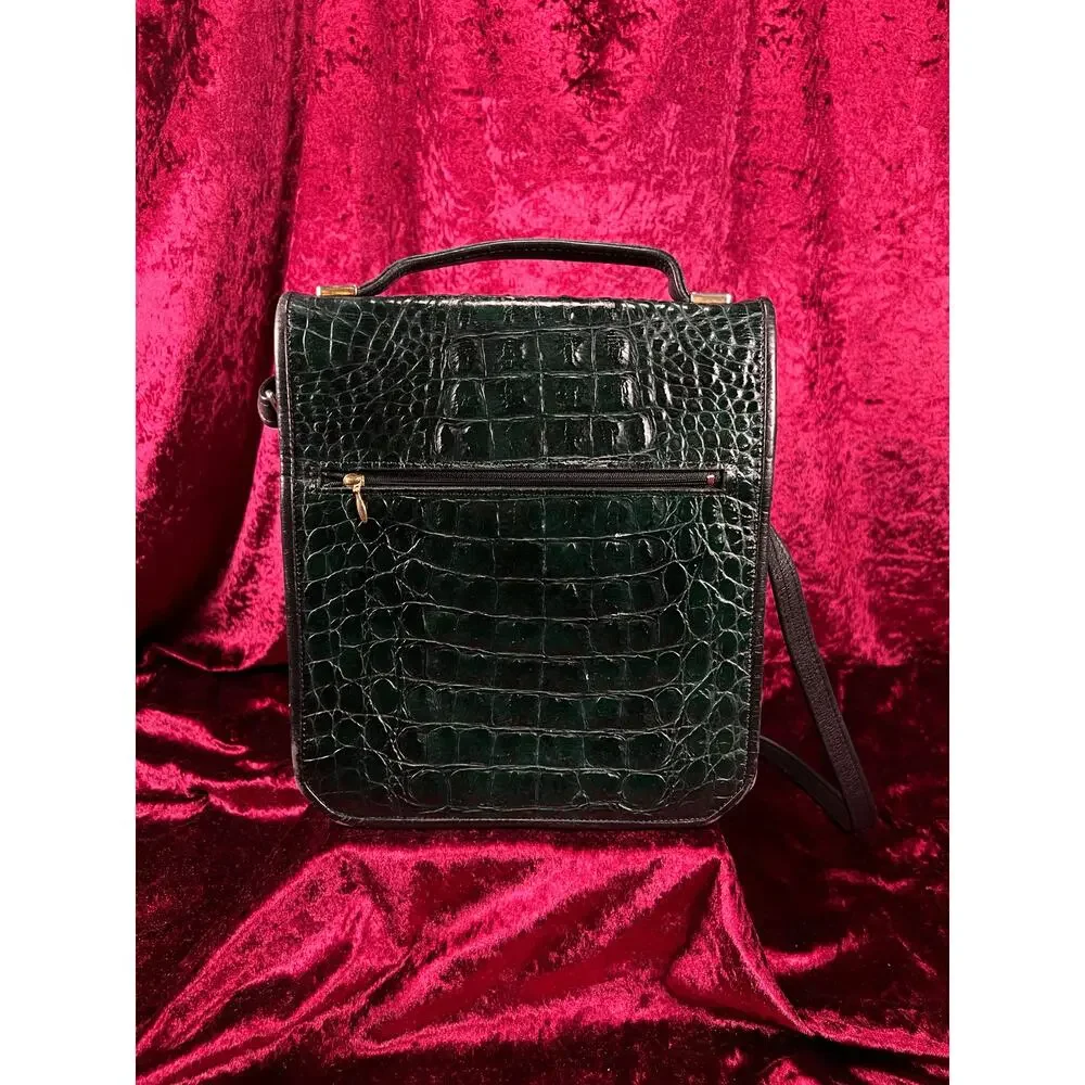 Vintage Emerald Green Leather Crossbody Bag - Croc Embossed Top Handle Purse